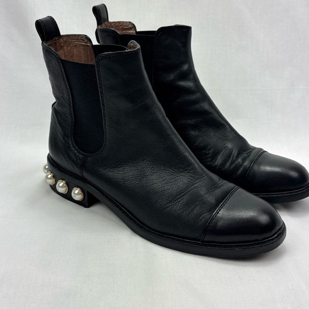 Louise et Cie Black Leather Chelsea Boots with Pearl Heel Detail
